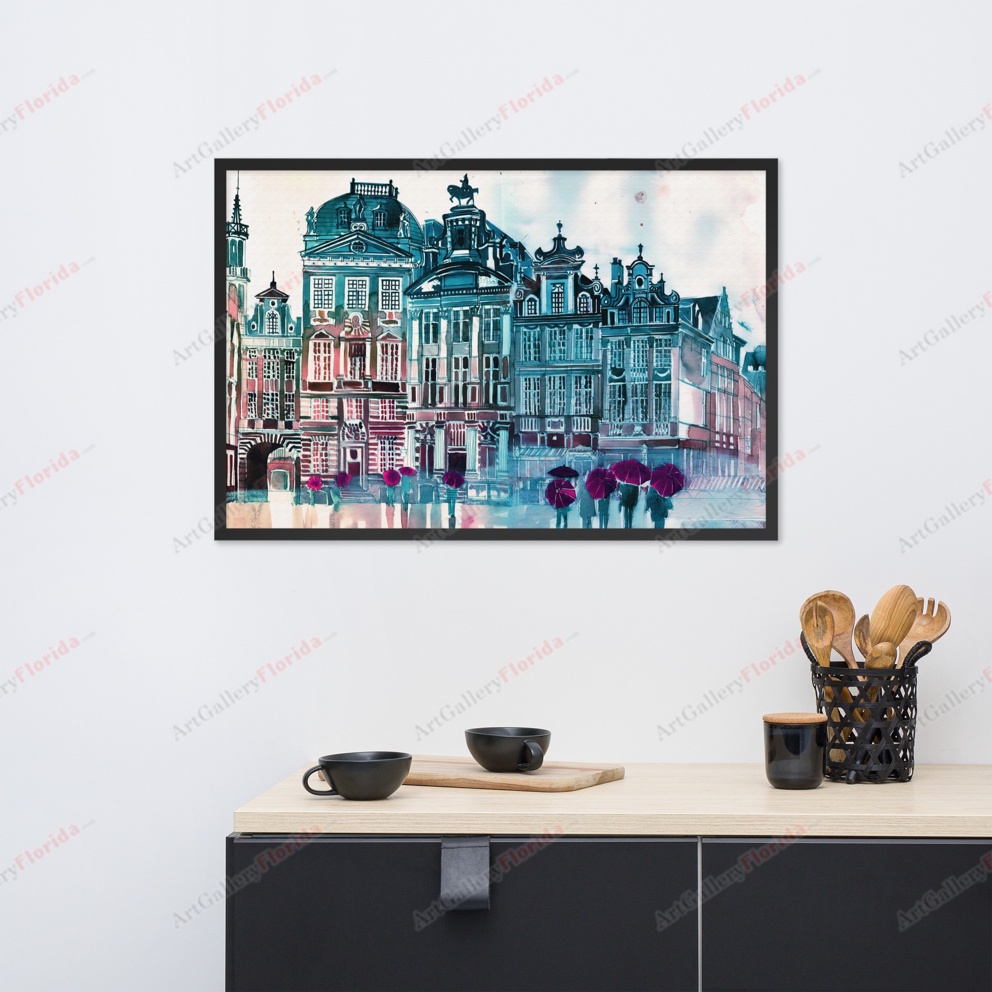 Walking in the rain, watercolor style - Framed poster