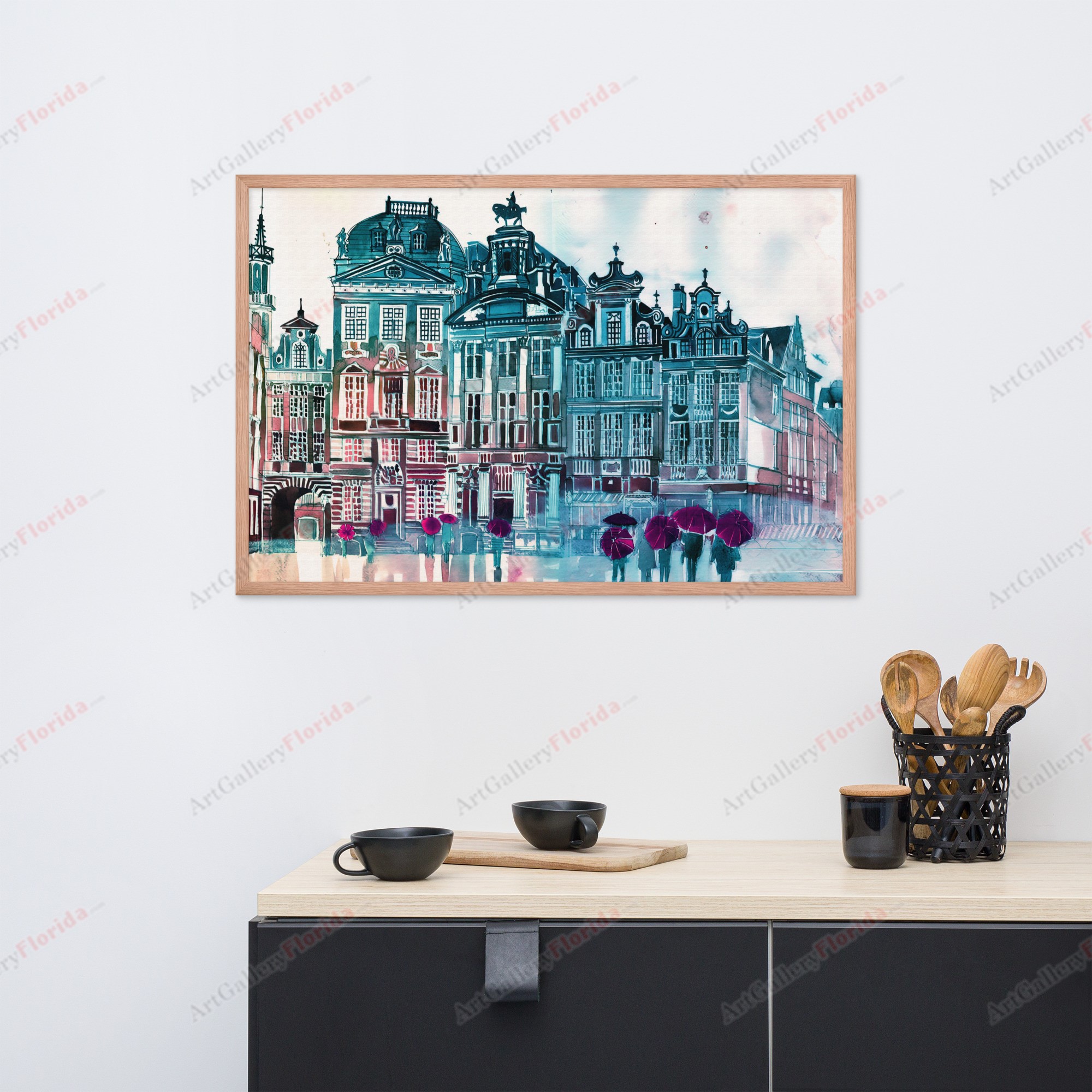 Walking in the rain, watercolor style - Framed poster - Image 4