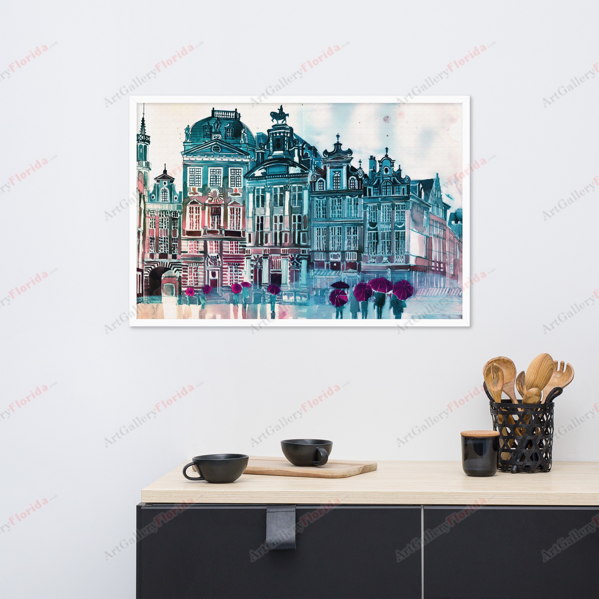 Walking in the rain, watercolor style - Framed poster - Image 6